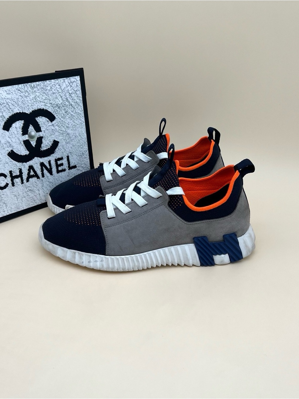 Hermes Navy, Gray & Orange Women's Casual Sneakers